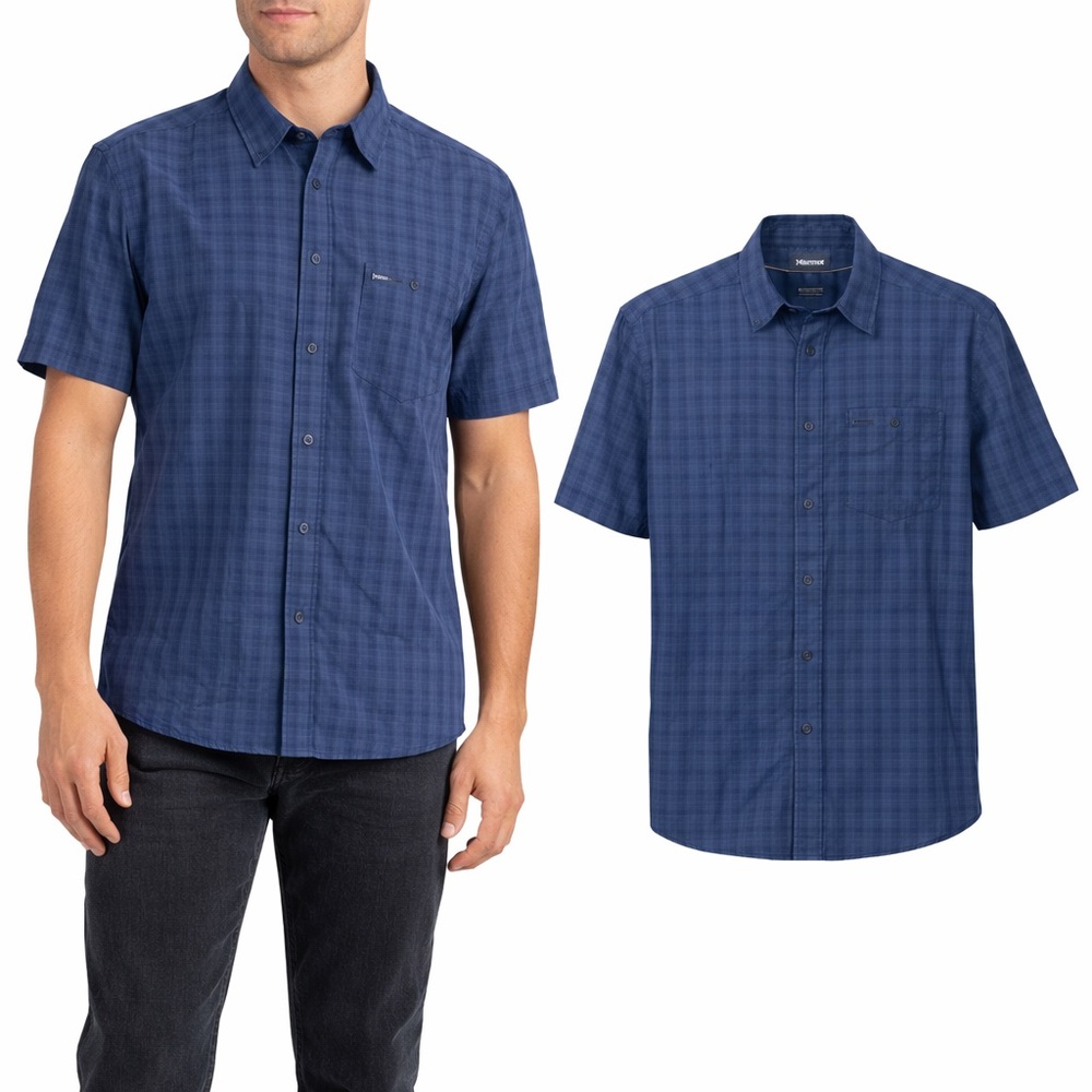 Marmot Mens Blue Plaid Short Sleeve Button Down Shirt Large